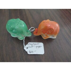 Rare Vintage Green Orange Elephant Salt And Pepper Shaker Set From Japan 1950s